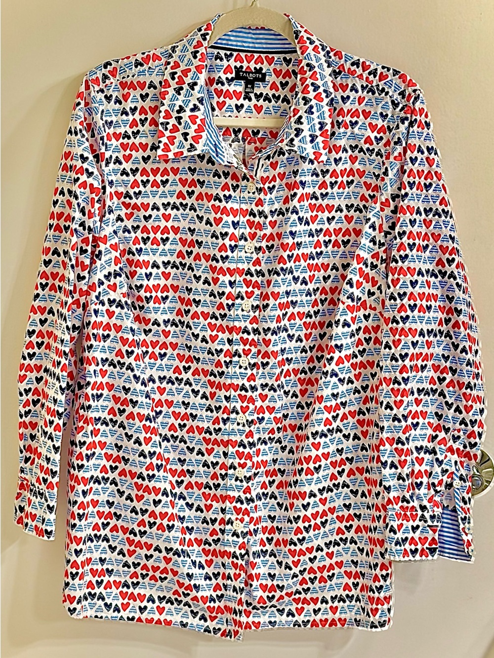 Talbots Kids Button-Down Shirt in White with Red & Blue Heart Print